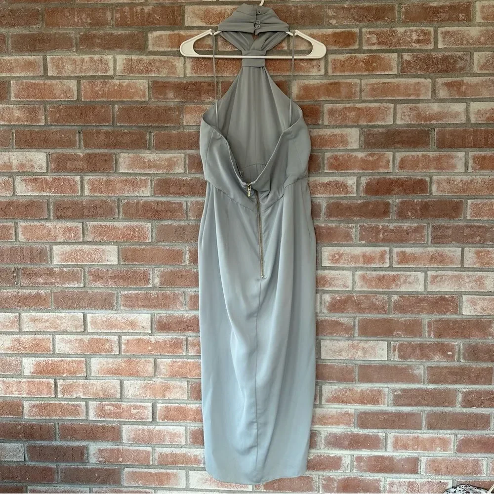 Shona Joy Halter Midi Cocktail Dress Knot Front Draped Womens 8 Blue Gray Formal